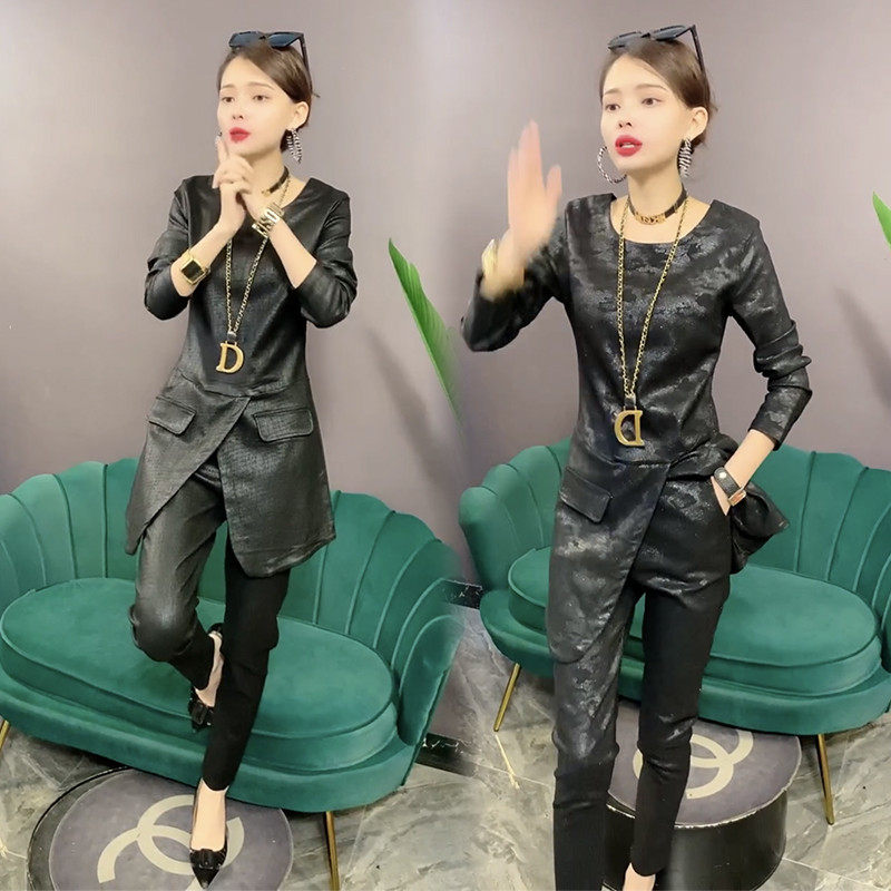 气质时尚套装女23秋季洋气百搭设计感中长款开叉小脚裤两件套