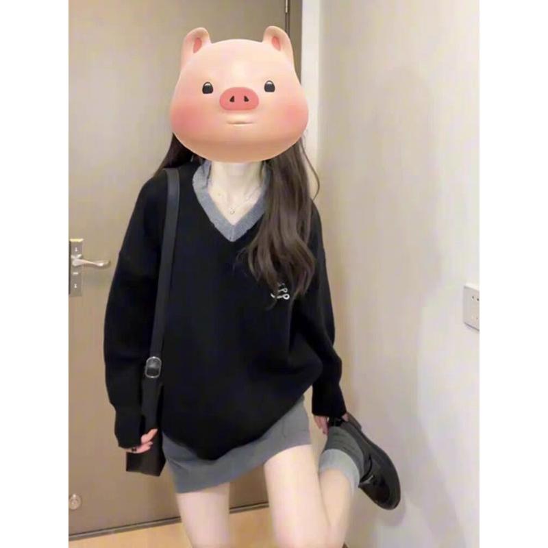 初秋装搭配一整套韩系小个子宽松V领慵懒学院风毛衣两件套装