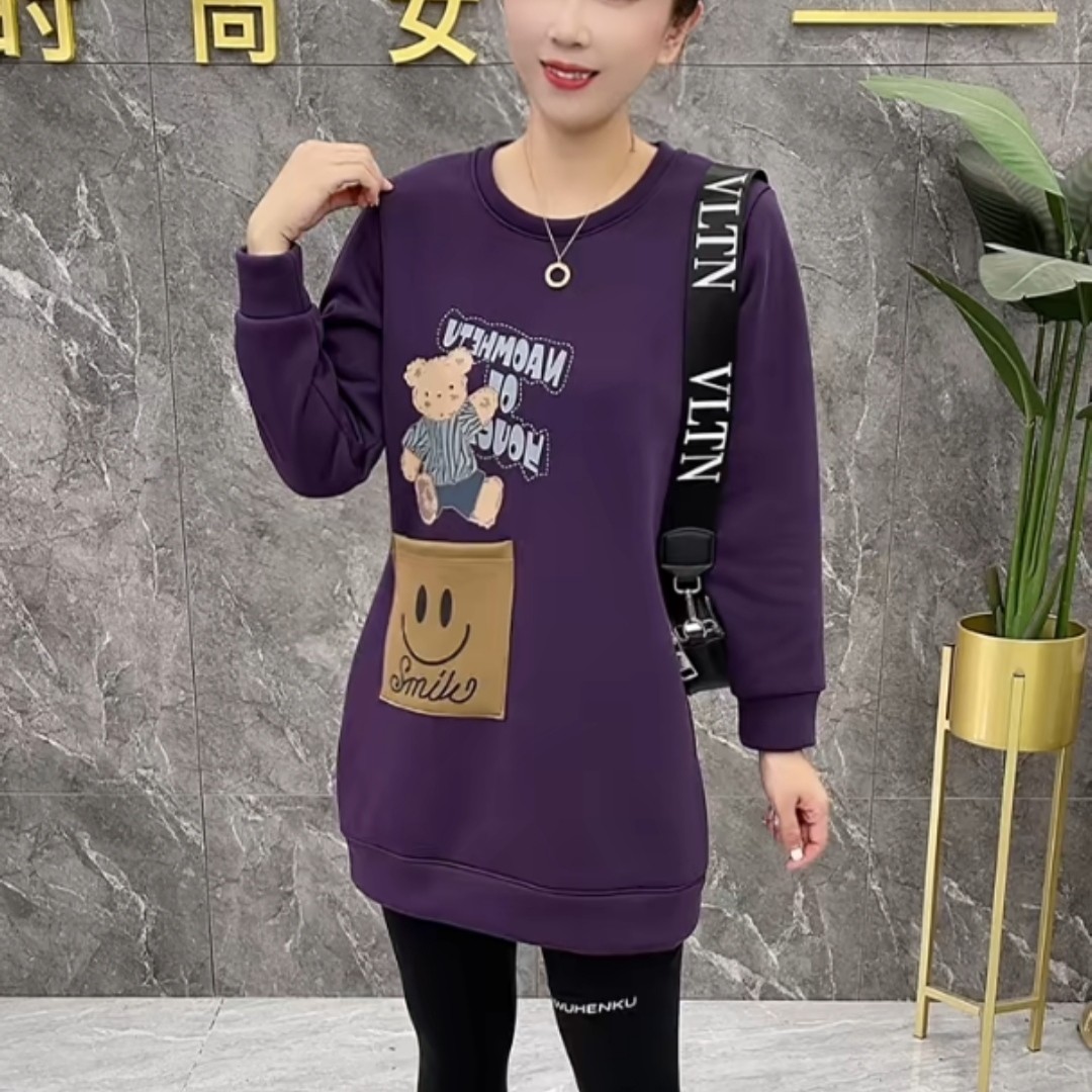 秋季新款休闲风圆领长袖宽松显瘦中长款厚款时尚字母套头女