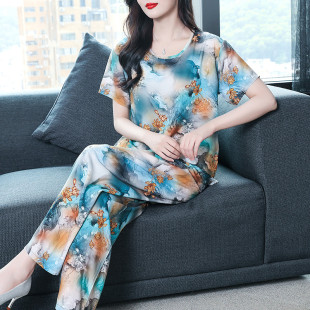 大码 薄款 棉绸套装 绵绸家 宽松印花女款 中年妈妈睡衣女夏季 新品 短袖