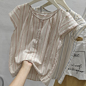 2024夏季 减龄设计感小众百搭小衫 田园风条纹衬衫 女小飞袖