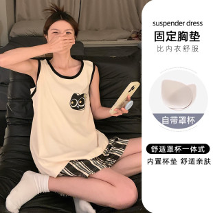 家居服 现货带胸垫睡衣女士夏季 短袖 背心薄款 纯棉甜美卡通条纹大码