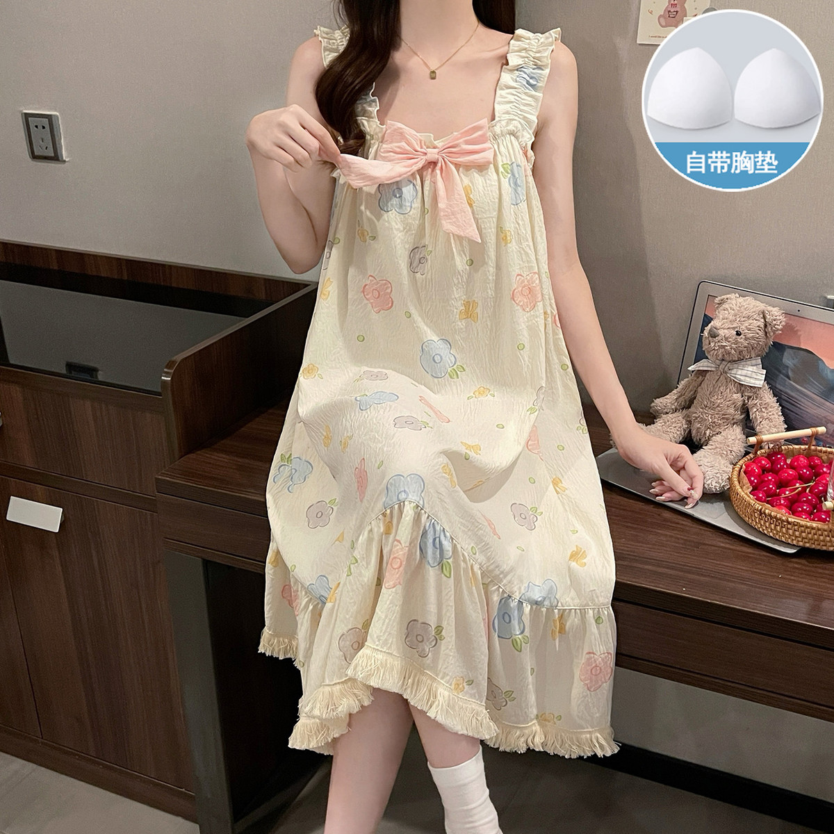 速发睡裙女夏季带胸垫一体卡通可爱吊带睡衣夏天中长款裙子少女家