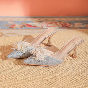 2025夏季新款尖头包头半拖凉拖高跟拖鞋外穿时尚串珠小众大码女鞋