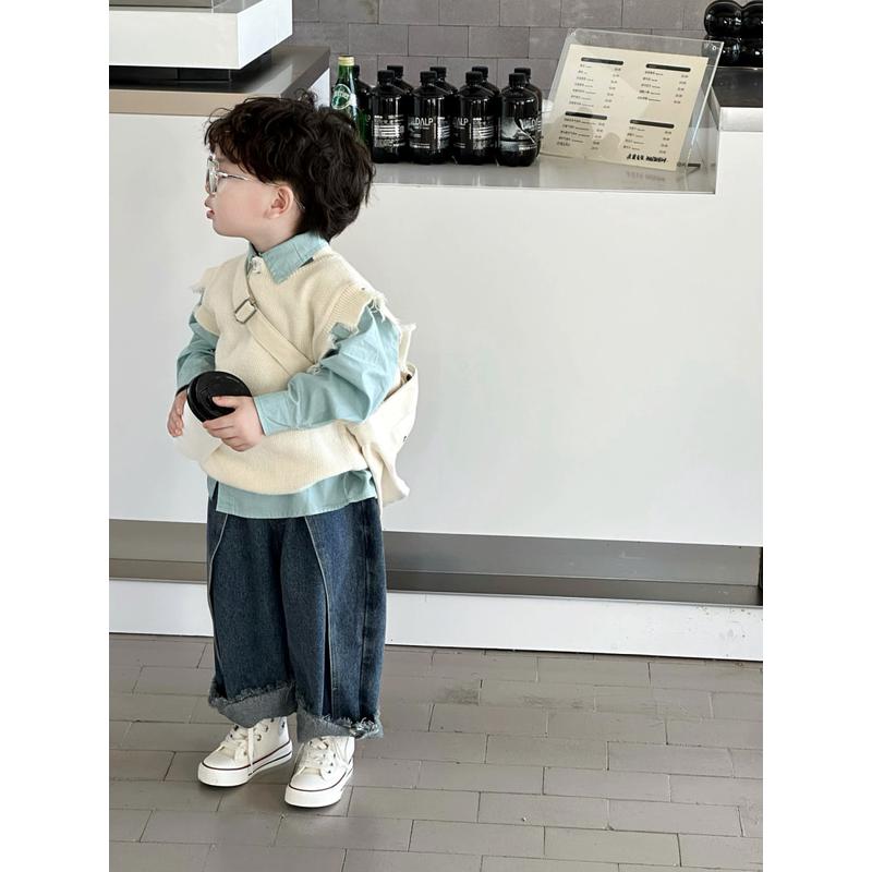 儿童套装春秋季破烂毛衣蓝衬衫三件套宝宝日生男童春款