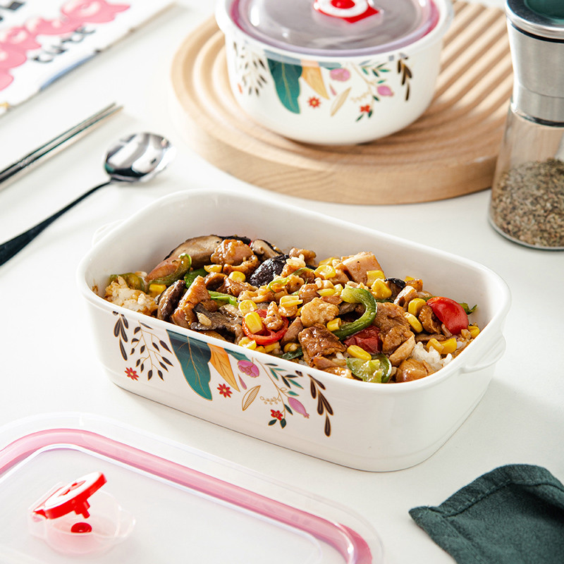 北欧风陶瓷饭盒可微波炉加热专用学生上班族单格带盖便当盒保鲜碗