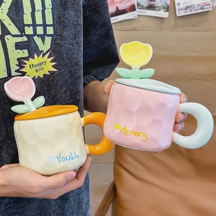 奶fufu花朵杯子高颜值女生马克杯带盖勺家用陶瓷喝水杯早餐咖啡杯