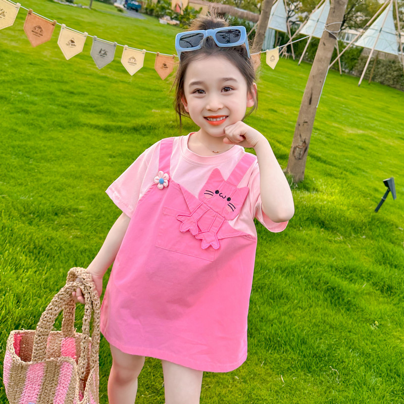 夏季2025新款女宝宝韩版洋气小女孩夏款假两件背带裙潮