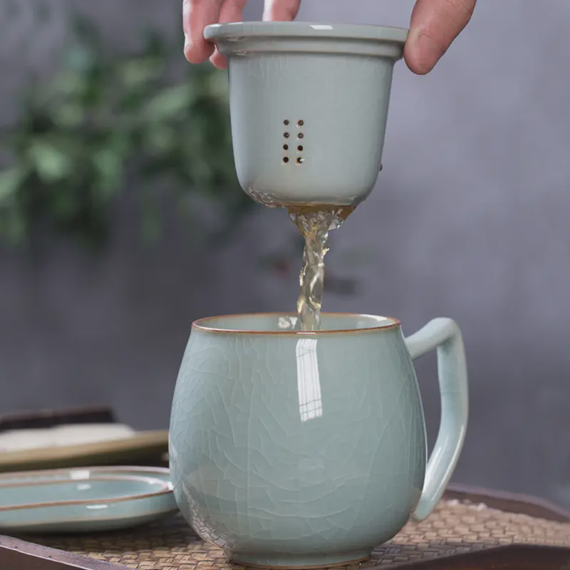 龙泉青瓷 茶杯陶瓷水杯过滤带盖办公室马克杯家用泡茶冰裂 刻双层