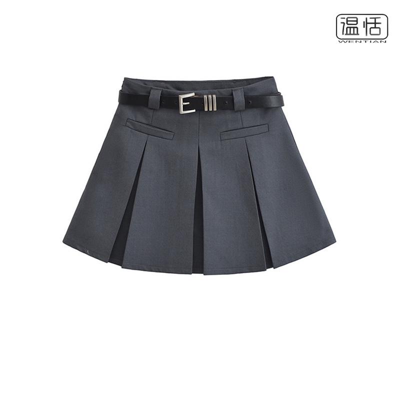【包邮】美式学院风腰带饰A字百褶裙防走光
