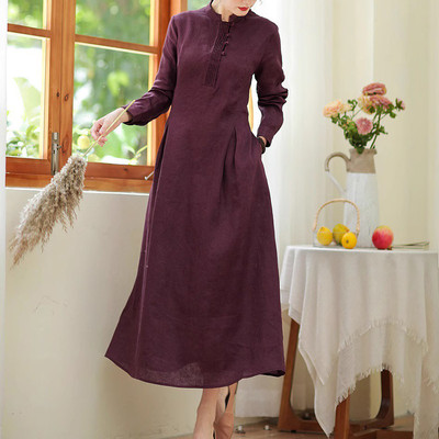 2025春季新款文艺亚麻长袖深紫色收腰显瘦百搭气质
