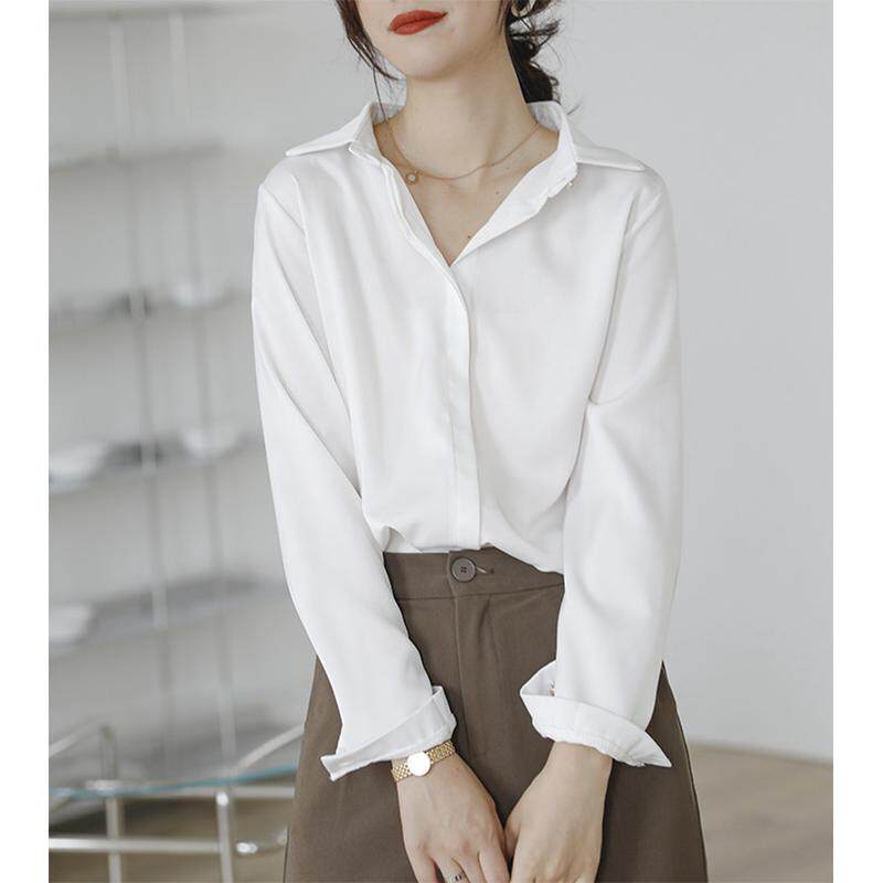 2025春装新款女缎面长袖衬衫女加绒加厚工作服正装ol白色衬衣