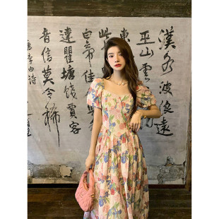 茶歇裙收腰顯瘦方領(lǐng)泡泡袖 鄧六六法式 海邊度假碎花女夏