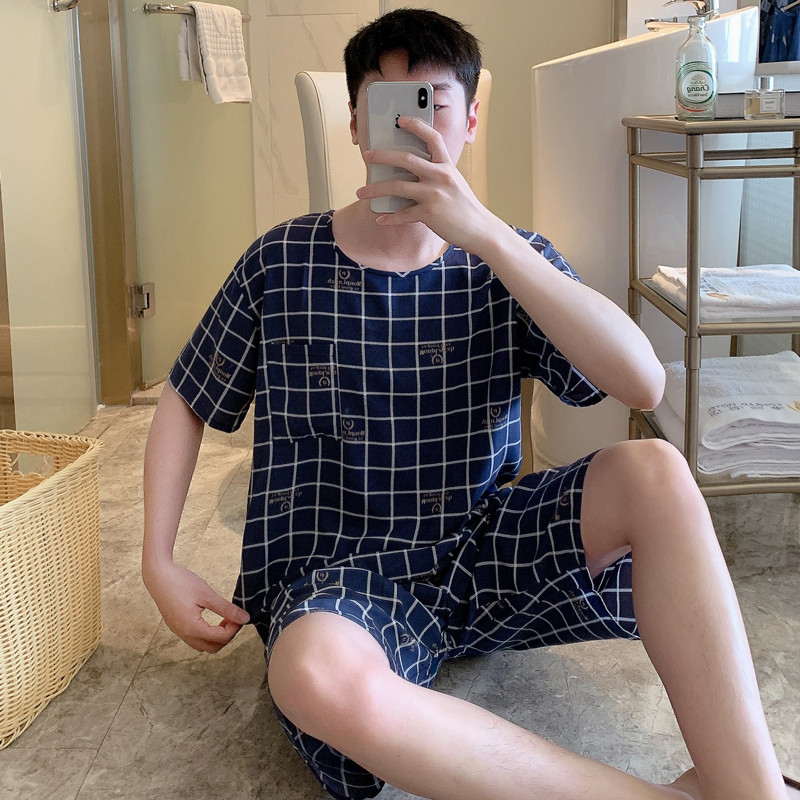 新品男士睡衣男夏季棉绸短袖短裤家居服男夏天薄款人造棉大码两件