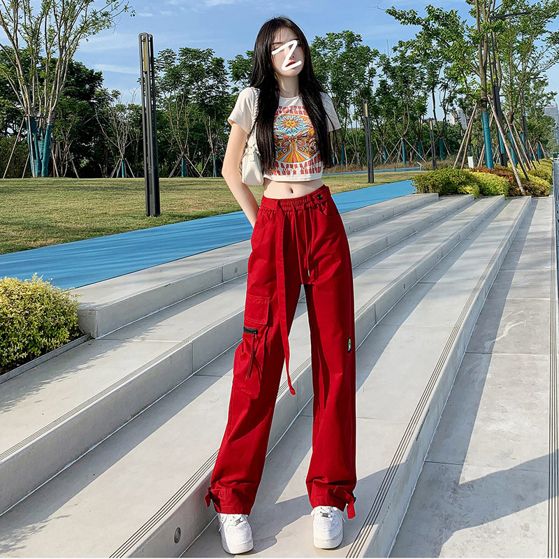 美式红色工装裤女夏季夏款2025新款显瘦阔腿宽松直筒子