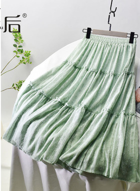 1937 薄款小清新提花蛋糕裙夏女新款蕾丝亮丝a字裙中长款