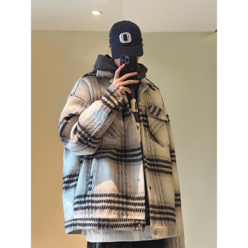 美式格纹毛呢男秋冬季双层开衫大衣设计感高级感加厚