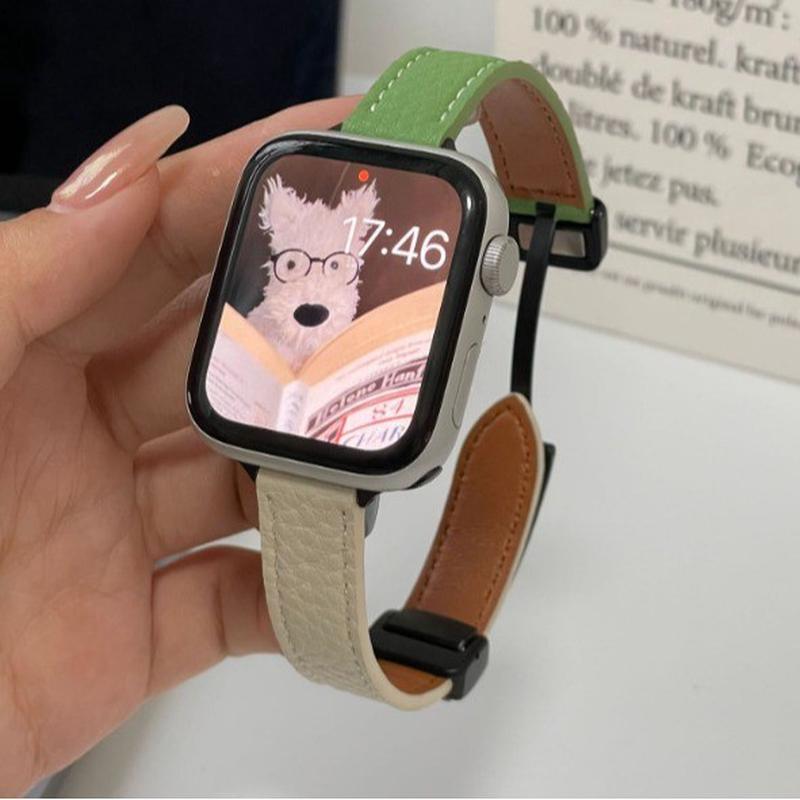适用于applewatch苹果手表带iwatch78se撞色荔枝纹皮质磁吸表带细