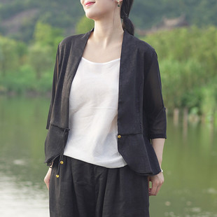 艾绘馆春秋季中式盘扣开衫女黑色小休闲改良茶服