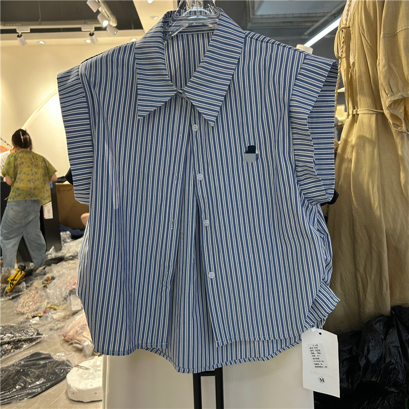 设计感别致拼色条纹polo领无袖衬衫女夏季休闲宽松显瘦单排扣