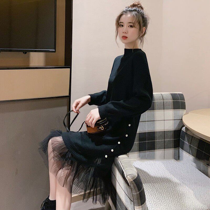 秋冬小个子拼接蕾丝显瘦半高领中长款打底衫黑色毛衣裙