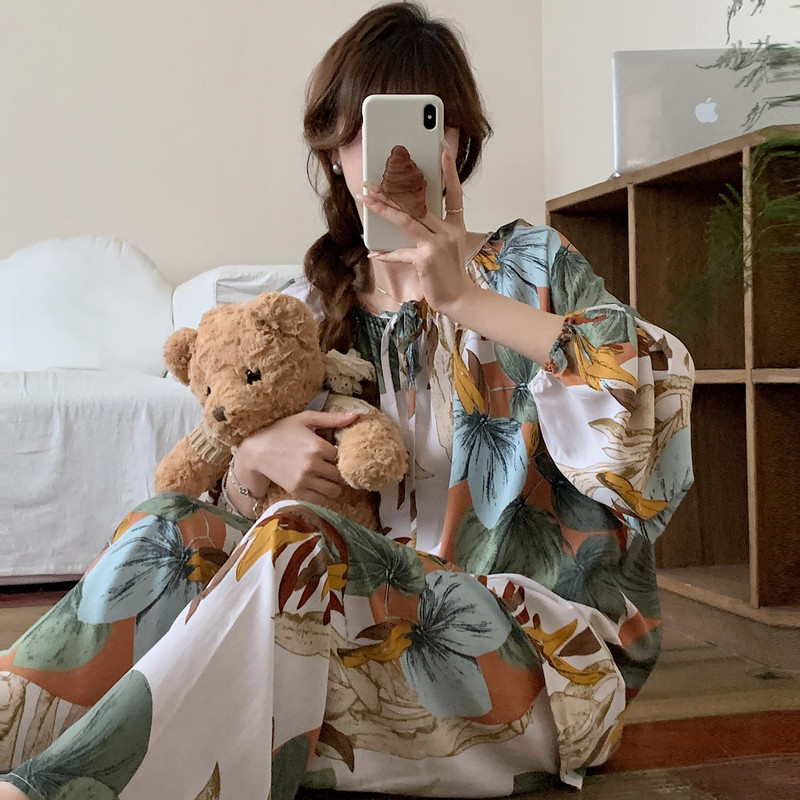 新品棉绸睡衣女春秋长袖夏季薄款绵绸家居服人造棉套装可爱大码胖
