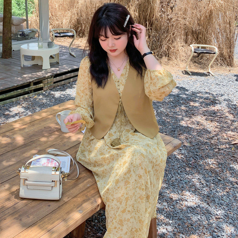 胖mm秋天女新款套装裙大码氛围感马甲+雪纺碎花两件套,女装/女士精品,连衣裙,淘宝优惠券,粉丝福利购,淘宝优惠卷