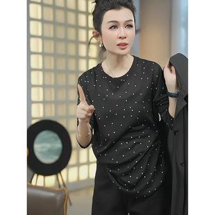 高级感波点圆领黑色长袖t恤女秋季2024新款宽松打底漂亮小衫
