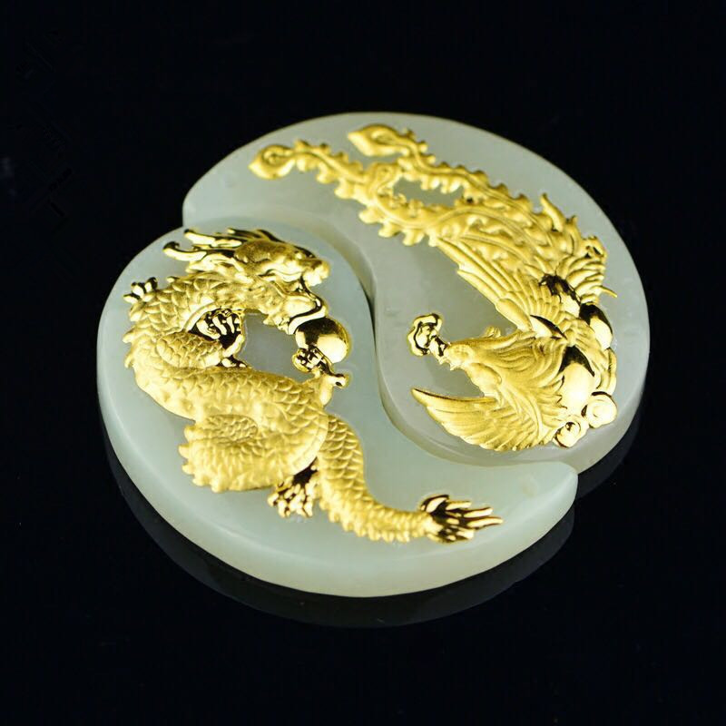 金镶玉龙凤玉佩吊坠男女情侣龙凤对挂件和田玉龙凤对吊坠情侣款