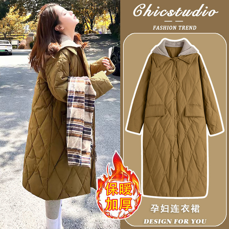 孕妇秋冬2025新款咖啡色加厚保暖羽绒服宽松休闲中长款女