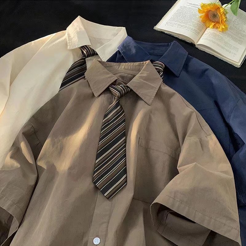短袖工装衬衫男夏季领带dk制服衬衣痞帅高级感潮牌潮流情侣学院风