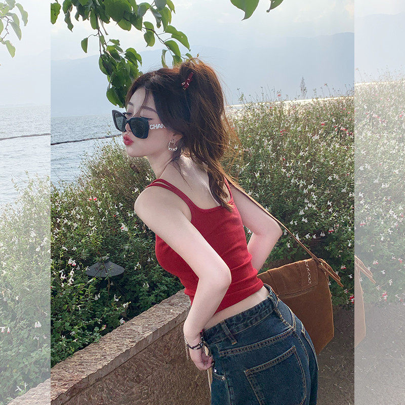 汤圆不圆红色女夏外穿美背文胸一体内搭设计感小众