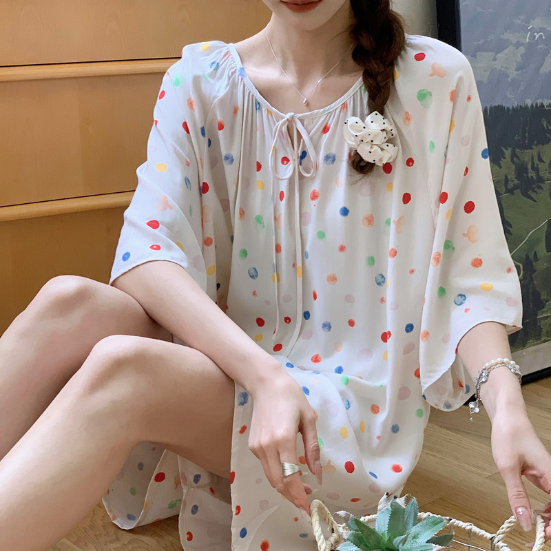 新品棉绸睡衣女夏短袖短裤人造棉妈妈家居服绵绸套装宽松大码胖MM