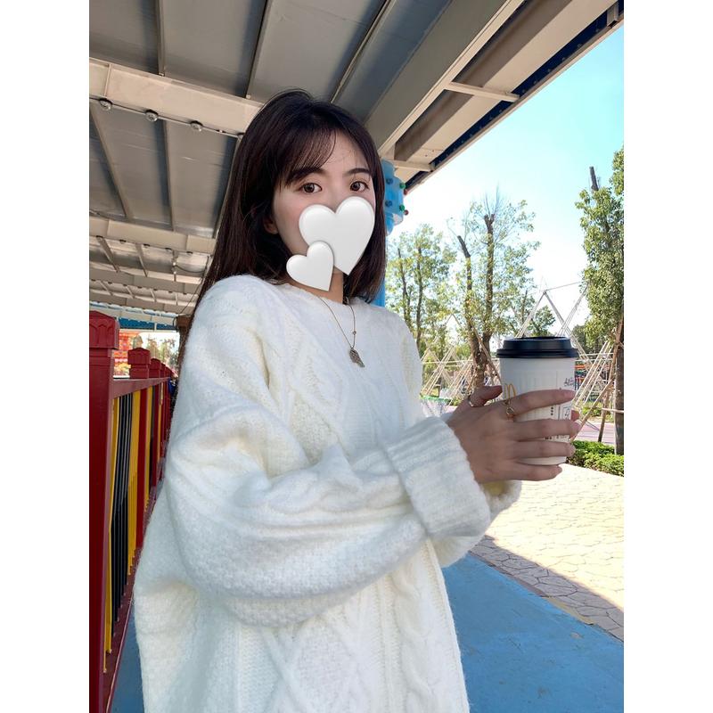 麻花毛衣女秋冬大码胖mm软糯奶白色圆领宽松套头慵懒风外穿衫