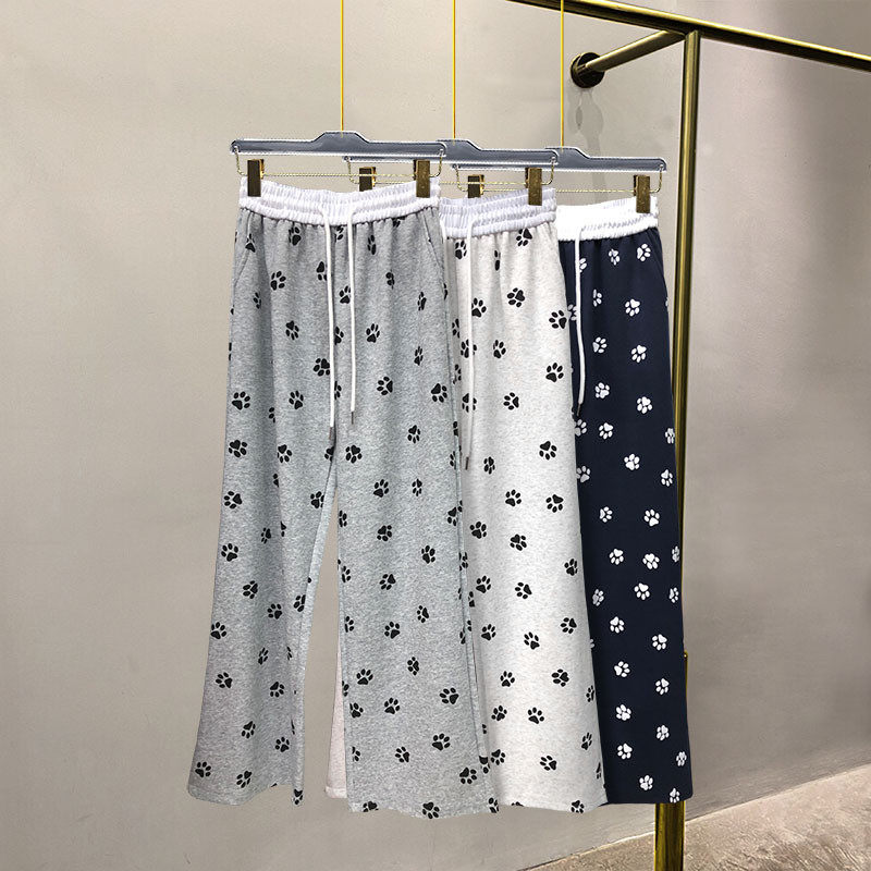 猫爪裤女2024年秋抽绳撞色拼接腰直筒阔腿休闲狗狗爪印花,女装/女士精品,卫裤,淘宝优惠券,粉丝福利购,淘宝优惠卷