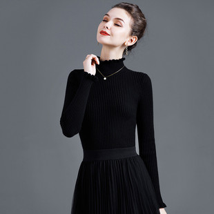 黑色高领毛衣女冬加厚显瘦木耳边秋冬套头女士打底衫