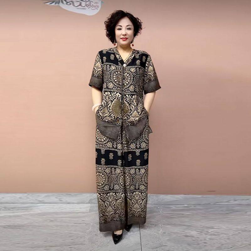 时尚套装女2025夏季新款妈妈装减龄洋气印花阔腿裤大码两件套,女装/女士精品,时尚套装,淘宝优惠券,粉丝福利购,淘宝优惠卷