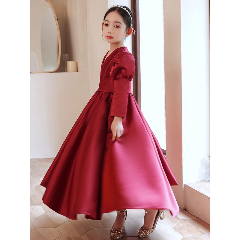公主裙女童高端红色长袖礼服生日花童婚礼儿童主持钢琴演奏演出服