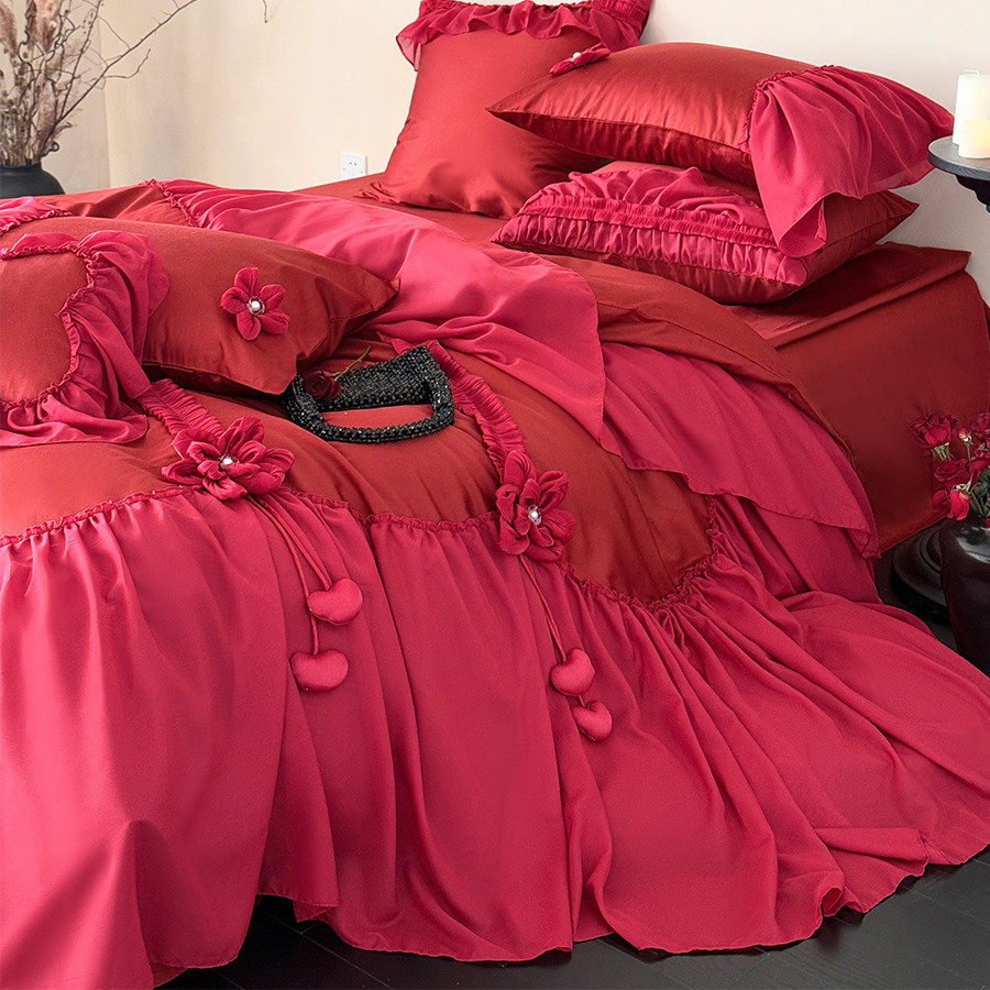 法式浪漫立体花朵婚庆四件套全棉春夏雪纺花边红色结婚被套床单,床上用品,婚庆床品套件,淘宝优惠券,粉丝福利购,淘宝优惠卷