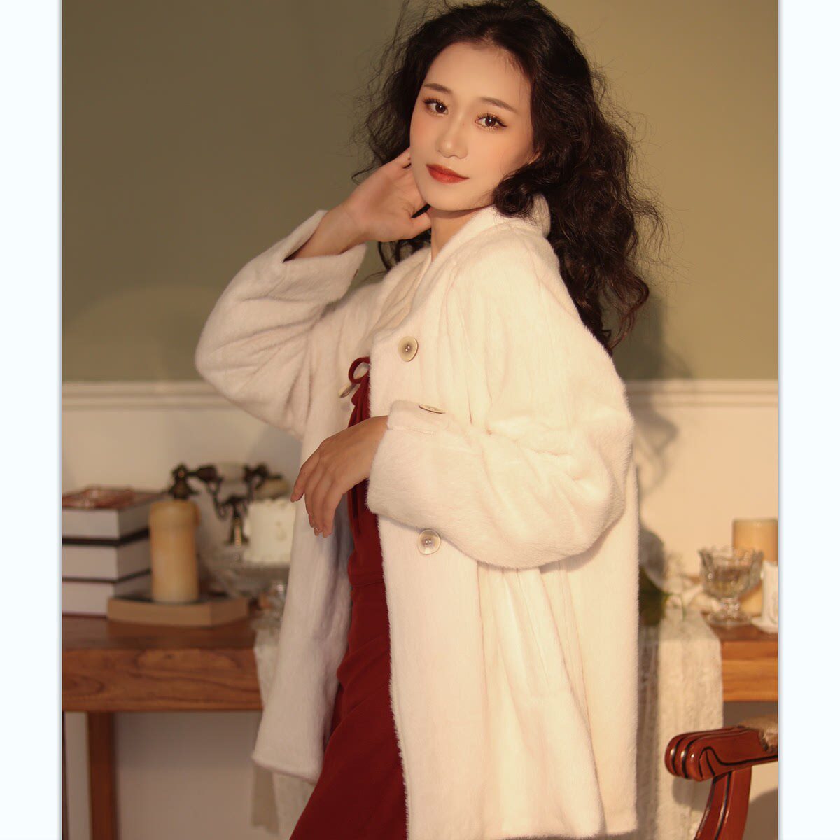 喵吉新中式毛茸茸小个子休闲宽松短款抓绒白色毛绒女秋冬加绒