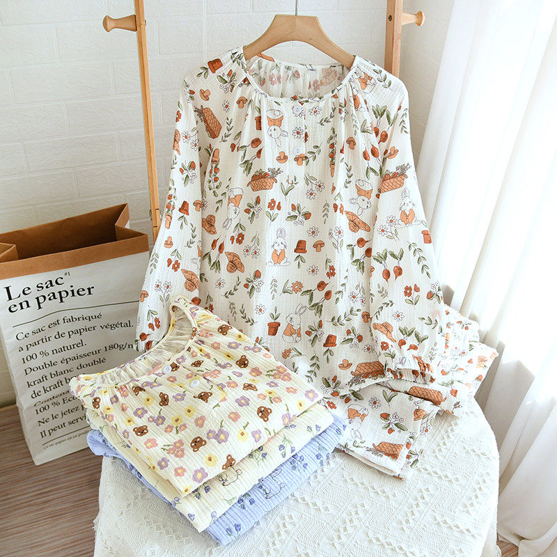 棉纱睡衣女长袖春秋夏季纯棉双层纱布宽松圆领薄款水洗全棉家居服,女士内衣/男士内衣/家居服,睡衣/家居服套装,淘宝优惠券,粉丝福利购,淘宝优惠卷