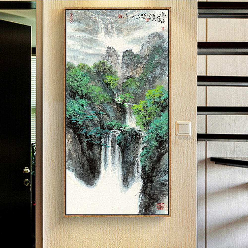 聚宝盆山水画玄关装饰画竖版过道客厅走廊风景画壁画招财国画挂画