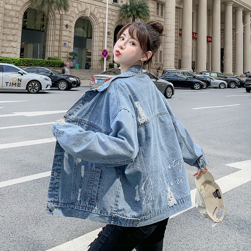 刺绣牛仔少女春秋装学院风初高中学生韩版宽松百搭牛仔衣