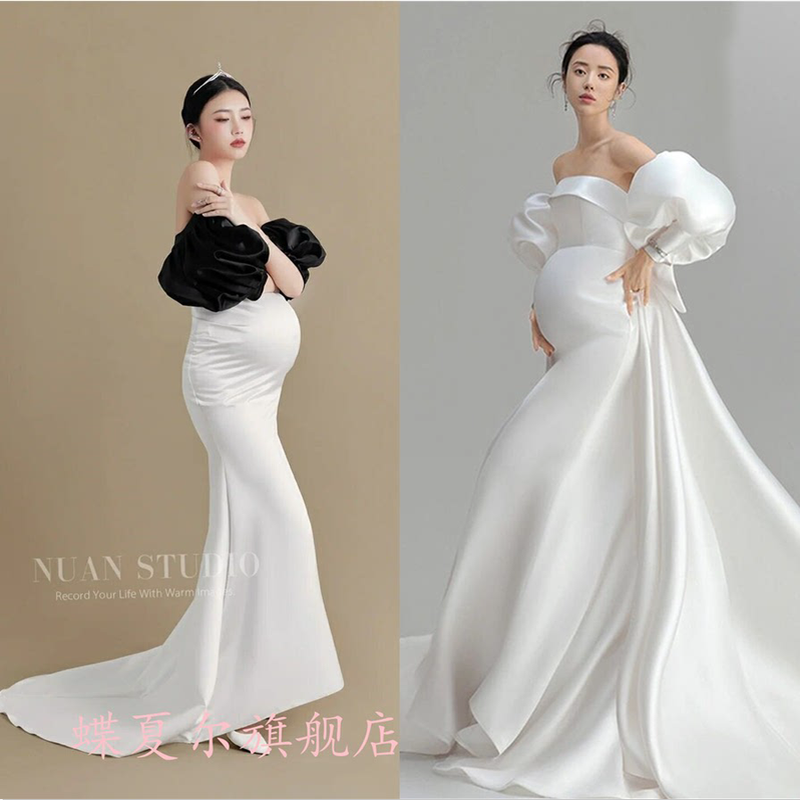 新款影楼孕妇服装缎面白色准妈咪拍照摄影艺术服饰