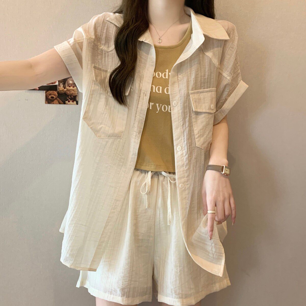 夏装搭配一整套时尚微胖mm减龄遮肚子薄款衬衫女三件套装休闲