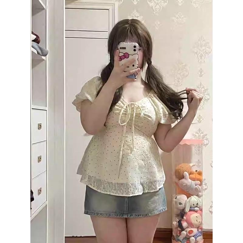 微胖mm夏季清新碎花奶黄露肩衬衣法式泡泡袖遮肉女