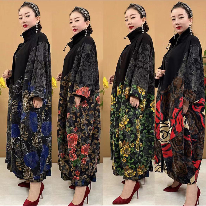气质妈妈风衣秋冬加绒提花加肥加大260斤大码洋气大衣女