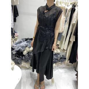 气质款2024夏款半高领新中式国风系带刺绣马甲+套装女