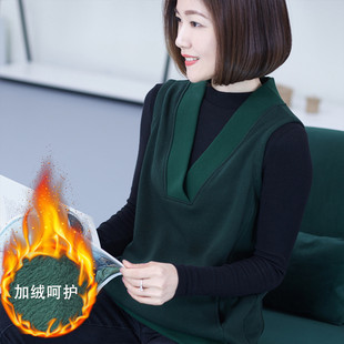 V领马夹外穿大码宽松纯棉加绒加厚马甲女无袖横行道秋冬新款