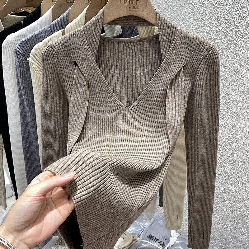 2022衫女设计感小众加厚内搭挂脖V领秋冬毛衣打底衫,女装/女士精品,羊绒衫,淘宝优惠券,粉丝福利购,淘宝优惠卷